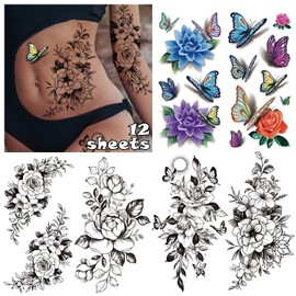 Acevegue Fake Tattoos for Women, 12 Sheets 3D Temporary Tattoos with Black Rose Flowers Butterfly Tattoo Stickers Kits, Neck Arm Hands Face Transfer Paper Decorations and Gifts for Girls Women