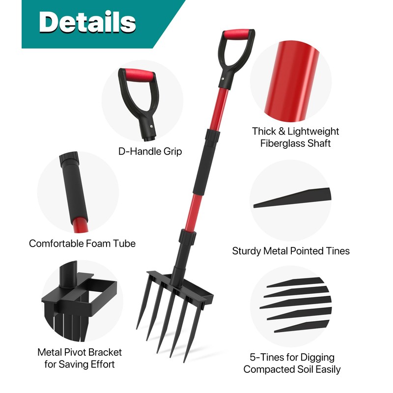 Pitch Fork for Garden, 5-Tine Heavy Duty Pitchfork for Loosening