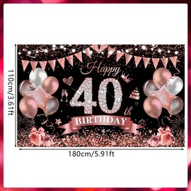Yontree Happy 40th Birthday Banner 180 * 110cm Black Rose Happy 40th Birthday Banner Backdrop 40th Birthday Decorations for Girls Women, 40 Years Old Birthday Anniversary Party Supplies