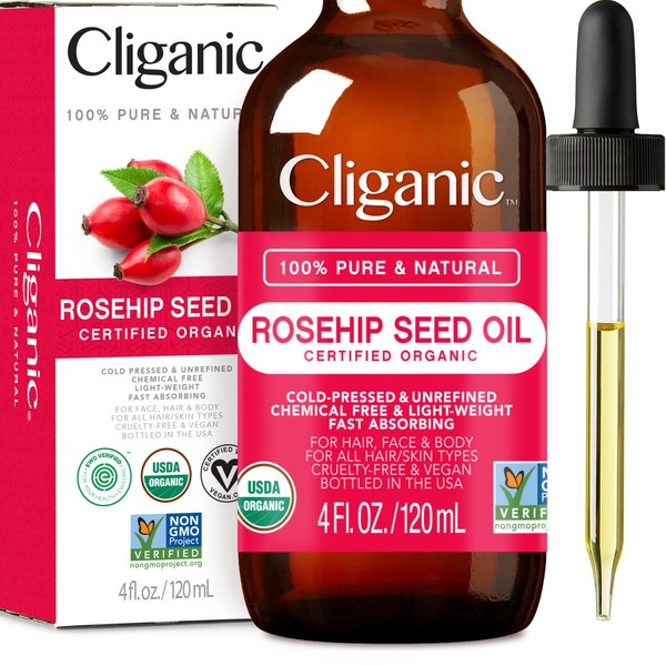 Cliganic Organic Rosehip Seed Oil for Face, 100% Pure | Natural Cold Pressed Unrefined Non-GMO | Carrier Oil for Skin, Hair & Nails