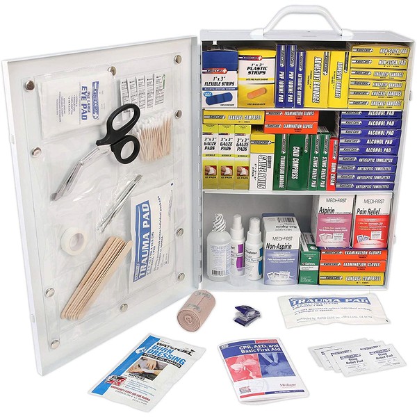 Rapid Care First Aid 80098 3 Shelf All Purpose First Aid Kit Cabinet, Class A+, Exceeds OSHA/ANSI Z308.1 2015, Wall Mountable, Over 1,100 Pieces