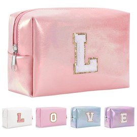 Yintry Makeup Bag Set Organizer Cotton Letter Cosmetic Pouch Large Capacity Travel Toiletry Bag Women Girls Birthday Gifts Portable Brush Storage Bag with Divider and Handle