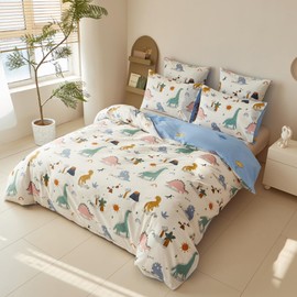 YASMENG Children's Bed Linen 135 x 200 cm Dino Motif Bed Linen 100% Cotton Reversible Bed Linen 2-Piece for Teenagers Children Boys with Zip and 80 x 80 cm Pillowcase