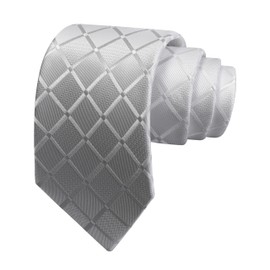 GUSLESON Mens Light Grey Tie Solid Plaid Checkered Silk Business Wedding Necktie (1034-03)