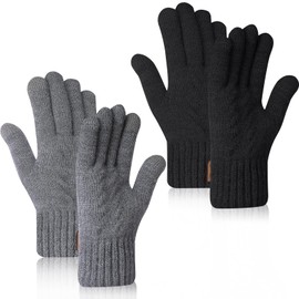 ViEinkaufen 2 Pair Winter Gloves for Women, Thermal Touch Screen Gloves Thick Warm Knitted Gloves with Fleece Lining for Running Cycling Driving Hiking Skiing