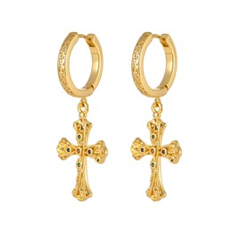 SHANG JIURUI Cross Hoop Dangle Earrings 18K Gold Plated Cubic Zirconia Earrings Lightweight Cross Dangle Drop Earrings For Men Women Hypoallergenic, Medium, Brass Zircon, Zircon