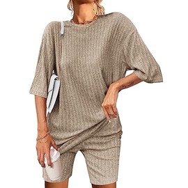 Ekouaer Pajamas 2 Piece Lounge Sets Ribbed Knit Matching Outfits T-shirt Biker Shorts Sleepwear Loungewear Sweatsuits 1-Camel 22 Plus