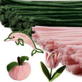 Caydo 200 Pieces Jade Pink & Moss Green Pipe Cleaners for Flowers,Thick Fluffy Chenille Stems for Kids Arts & Crafts and Mother's Day Decorations