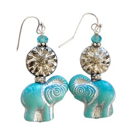 Turquoise Blue Silver Elephant Earrings, Czech Premium Glass Beads, Silver Mercury Czech Glass, Elephant Jewelry, Animal Lover, Wildlife Jewelry.