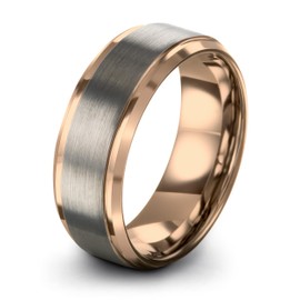 Charming Jewelers Tungsten Wedding Band Ring 8mm Men Women Comfort Fit 18k Rose Gold Grey Step Bevel Edge Brushed Polished Size 8.5