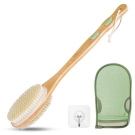 Bearona Body Brush with Exfoliating Mitt Set,Dual-Sided Long Handle with Soft and Stiff Natural Bristles, Shower Scrub for Dead Skin Removal,Body Exfoliator for Bath or Dry Brush