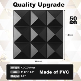 Fulmoon 50 Pcs 3D Wall Panels for Interior Wall Decor, PVC Diamond Textured Wall Panels for Living Room, Bedroom, TV Wall Background, 12 x 12 Inches(Matte Black)