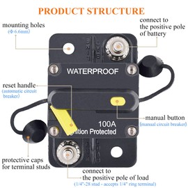 Zesugo 100 Amp Circuit Breaker with Manual Reset, DC 12V - 48V Circuit Protector for Marine Trolling Motor Car Amplifier RV Solar Truck ATV Inverter, Waterproof Surface-Mount Inline Fuse Holder