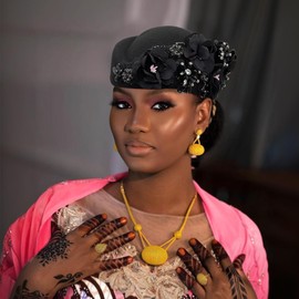 European and American Retro British Felt Headscarf hat Women's Church Derby Headdress with Floral Women's Soft Beret (Black)