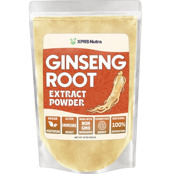 XPRS Nutra Ginseng Root Extract Powder - Ginseng Powder Supports Cognitive Function, Physical Performance, and Immune System - Vegan Friendly Panax Ginseng in Powder Form (16 Ounce)