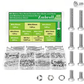 Zmbroll M4 Hex Bolts 425Pcs External Hex Drive Screws Metric Heavy Duty Hexagon Cap Bolts Nuts Flat Lock Washers M4x8/10/12/16/20/25/30/35mm 304 Stainless Steel Fully Thread Machine Bolt