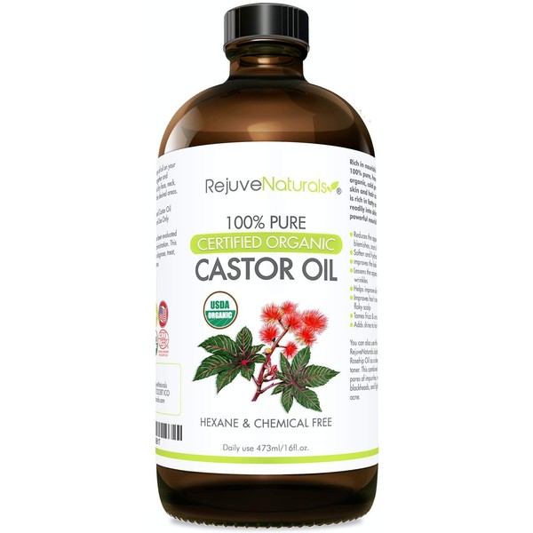 RejuveNaturals Castor Oil (16oz Glass Bottle) USDA Certified Organic, 100% Pure, Cold Pressed, Hexane Free. Boost Hair Growth for Thicker, Fuller Hair, Lashes & Eyebrows.