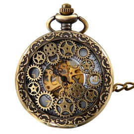 JewelryWe Retro Gear Sprocket High Openwork Manual Winding Mechanical Pocket Watch Skeleton Watch Sweater Necklace Chain, bronze gear, Christmas Day, birthday