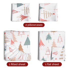 CGK Unlimited Cal King Christmas Tree Sheet Set - Holiday Xmas Pattern Linen Set - Deep Pockets - Snug Fit - 4 Piece - Wrinkle Free - Comfy & Cooling Bedding - Easy to Care for - Kid Friendly