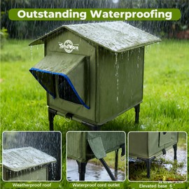 TENDWARE Outdoor Cat House Heated Cat House for Outside with Elevated Base Cat-Attracting Eave Design Feral Stray Shelter Weatherproof in Winter Garage Yard Porch