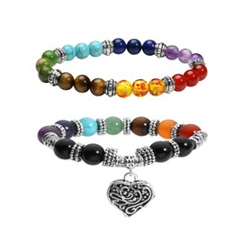 MILAKOO 2 Pcs 10MM Beads Yoga Reiki Healing Bracelet 7 Chakra Beads Hollow Heart Charm Wristband