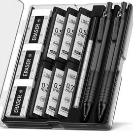 Four Candies Mechanical Pencil, Drafting Metal Pencils Set with 360PCS HB Lead, 3 Erasers, 9 Eraser Artist Pencil and Case for Drawing and Sketching, 0.5 and 0.7 mm, 2Pcs (Black)