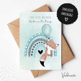 MeinBaby123® 10 Invitation Cards, Children's Birthday Parties, Boys and Girls, Birthday Invitations for Children, includes Premium Quality Envelopes (Fox Turquoise V2), Pack of 10