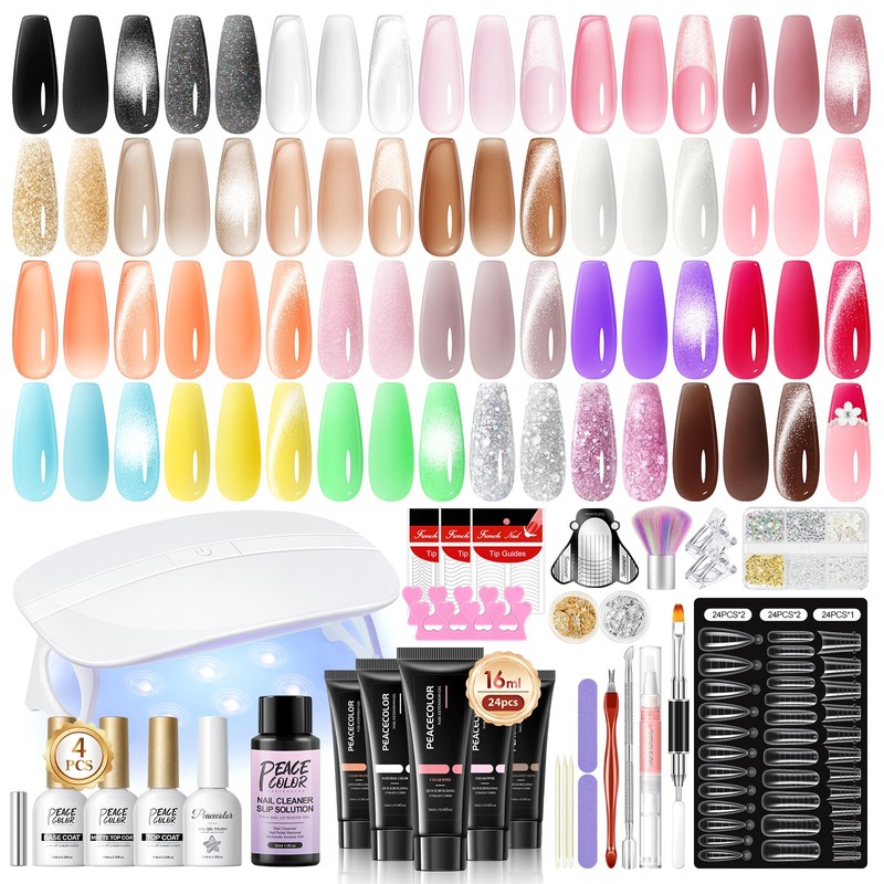 PEACECOLOR 50Pcs Poly Nail Gel Kit with U V Light