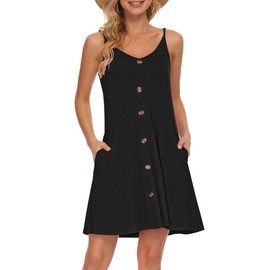 MISFAY Women Summer Spaghetti Strap Button Down V Neck Sleeveless Causal Beach Cover Up Dress with Pockets Black
