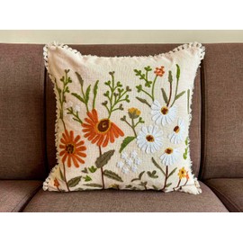 Gulaabi Ghar Decorative Hand Embroidered Pillow Cover 16 x 16 inches Premium Crewel Embroidery Floral Multicolor for Couch, Chair, Sofa, Bed Luxury Home Decor