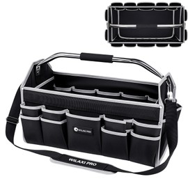 WILAXI PRO 16in Tool Bags For Men Heavy Duty, Tool Bag Organizer Foldable Open Top Tool Bags, Tool Tote Bag With Handle, Wide Mouth Electrician Tool Tote, 22 PCS Pockets Tool Carrier, Grey