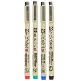 SAKURA PIGMA MICRON, PACK OF 4 ESSENTIAL COLORS, BLACK+RED+BLUE+GREEN, (05)
