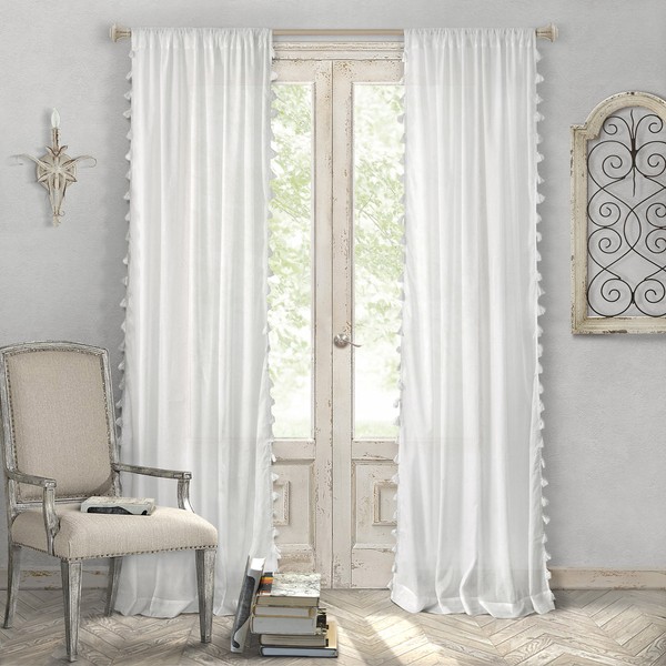 Elrene Home Fashions Bianca Semi-Sheer Rod Pocket Window Curtain Panel with Tassels, 52" x 84" (1, White