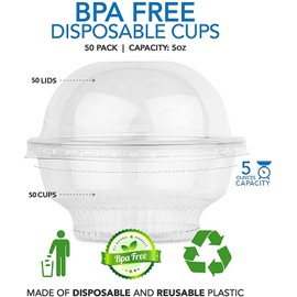 Clear Plastic Cups with Lids (50 Count) Dessert Cups with Lids - Ice Cream Cups - Plastic Fruit Cups - Mini Snack Bowls and Dome Lids without Hole, 5 Ounce