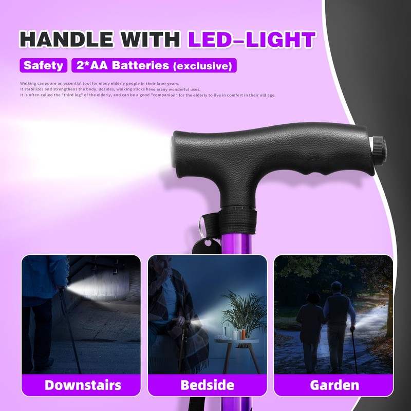 BigAlex Folding Walking Cane with LED Light,Pivoting Quad Base,Adjustable Walking