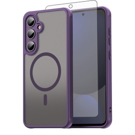 Asuwish Phone Case for Samsung Galaxy S24 FE 5G, Compatible with Magsafe Magnetic, Translucent Matte Anti-Fingerprint Back, Military Grade DropProof Protective Cell Cover S 24 EF AI S24FE 24S Purple