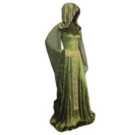 Sinastar Womens Medieval Dress Costume Hooded Lace Up Renaissance Velvet Trumpet Sleeve Gothic Green Gown
