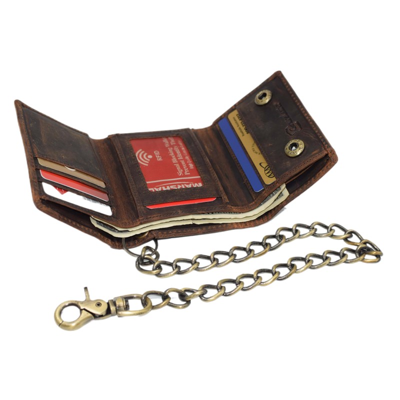 MARSHAL Men’s Brown Leather Angry Bull Chain Wallet – Trifold