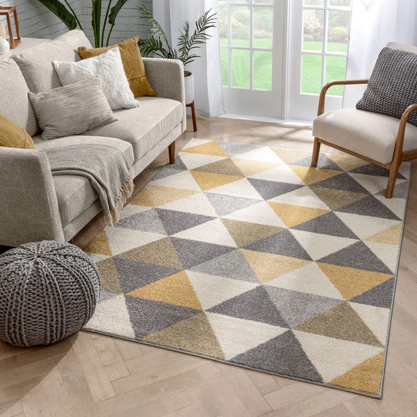 Well Woven Isometry Gold & Grey Modern Geometric Triangle Pattern 3'11" x 5'3" Area Rug Soft Shed Free Easy to Clean Stain Resistant