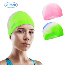 2pcs Swim Caps for Youth Boys Girls,Unisex Silicone Swimming caps for Toddler Aged 3-12 Waterproof Bathing Caps for Long and Short Hairs, Comfortable and Durable (Pink/Blue Green)