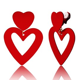 FIBO STEEL 𝐂𝐥𝐢𝐩 𝐨𝐧 𝐏𝐢𝐧𝐤 𝐇𝐞𝐚𝐫𝐭 𝐄𝐚𝐫𝐫𝐢𝐧𝐠𝐬 for Women Dangle Drop Clip on Earrings Dangling Double Heart Love 𝐍𝐨𝐧 𝐏𝐢𝐞𝐫𝐜𝐞𝐝 Statement Y2K Pink Jewlery Valentine's Day Gift Red