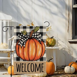 Welcome Thanksgiving Pumpkin Garden Flag Fall Garden Flags 12x18 Inch Double Sided Burlap Autumn Buffalo Plaid Bowknot Yard Outside Decor Small Harvest Flag for Outdoor Porch Villa Lawn Decorations