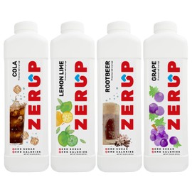 Zerup Zero Sugar Soda Pack of 4 (Cola, Lemon Lime, Rootbeer, Grape), Sugar-Free Water Enhancer, Zero Calories and Sugar, Keto Friendly, Ideal for Sparkling Water, Shakes, Smoothies, Ice Making, Great for Party, Indulgent Taste 33.8 Oz (1L)