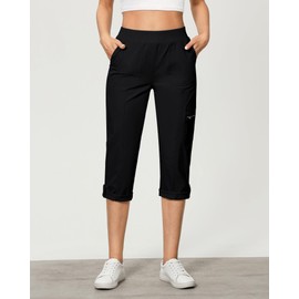 GRAPENT High Waisted Pants for Women Utility Capris Work Casual Womens Chino Pants Womens Capri Cargo Pants Pull On Summer Cargos Elastic Waist Crop Trousers Color Black Medium Size 8 to 10