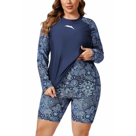 Halcurt Women Built in Bra Long Sleeve Bathing Suit 2 Piece Rashguard Sets Navy 3X
