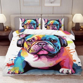 Delerain Comforter Set Twin Size, Colorful French Bulldog 3-Piece Bedding Set for Boys Girls Teens Modern Soft Microfiber Bedroom Set Room Decor, 1 Duvet Cover + 2 Pillowcases
