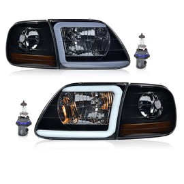 PIT66 LED DRL Strip Headlights Assembly Front Headlamp Assembly Compatible with Ford Expedition 1997-2002 /Fit Ford F150 1997-2004/Fit F250 1997-1999，Smoky Lens Black Housing Amber Reflector