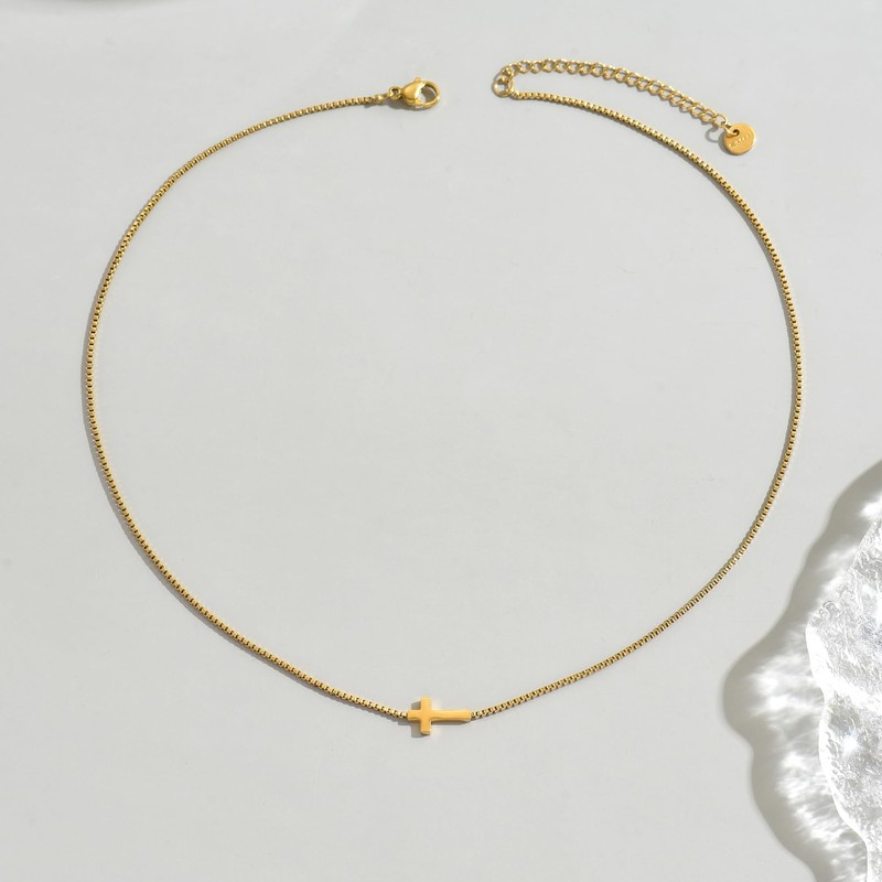 Nawflue Cross Necklace for Women 18K Gold Plated Tiny Sideways