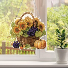 HEIBAGO Fall Hanging Diamond Art Kits for Adults, Flower Basket Special Shaped Crystal Diamond Painting Windows Pendent Kit, DIY Double-Sided Pattern Gem Art Suncatcher Ornament Kit for Home Decor