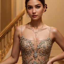 Clearine Wedding Jewellery Set for Women Bride, Y Necklace Dangle Earrings Set Impressive Crystal Teardrop Leaf Flower Cluster Prom Jewellery for Bride Bridesmaid Champagne Gold Tone, Crystal